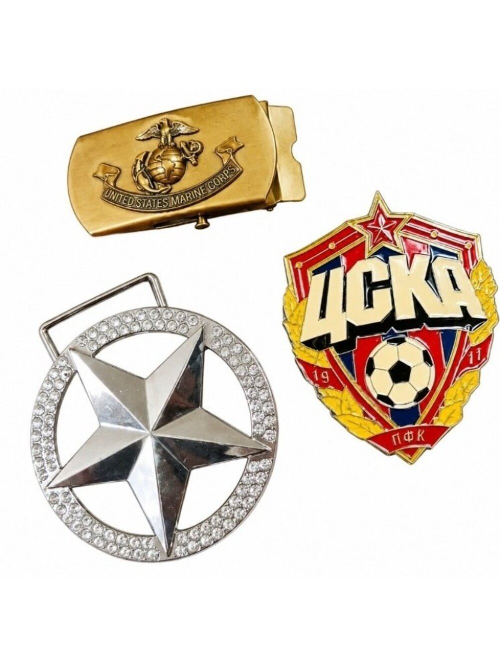 Vintage 3-piece collectible belt buckle lot featuring military, Soviet/Russian